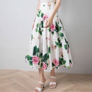 Pink Rose Floral Print Elegant White Cotton Midi Skirt